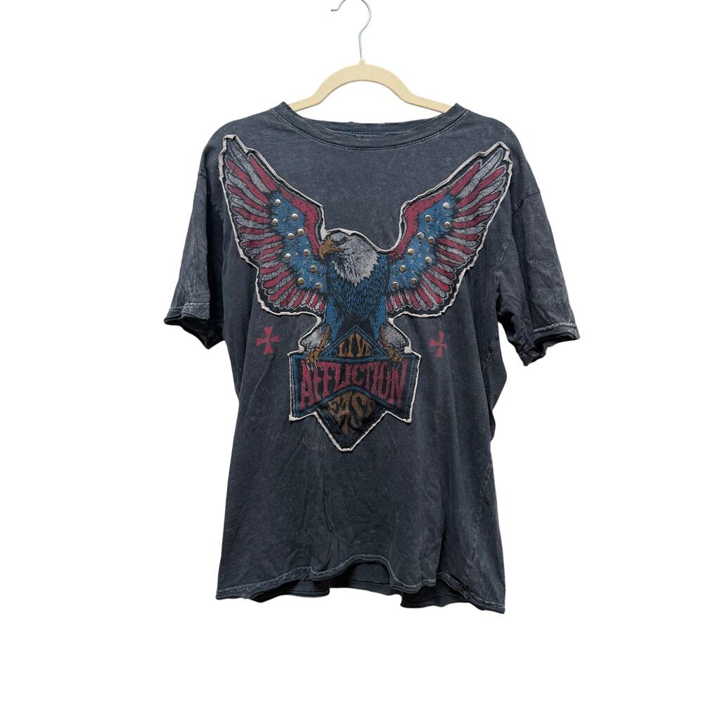 Affliction American Customs Eagle Shirt Iron Cross Live Fast Gray Tee Large